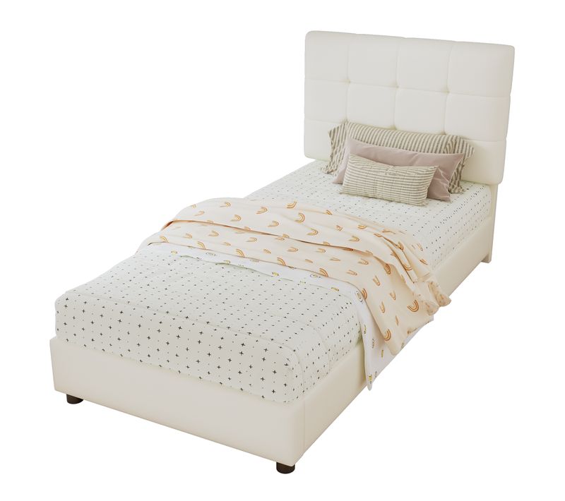 Lit Enfant 90x200 Cm En Pu, Tête En Biscuit Beige, Bois Et Métal, Sommier à Lattes