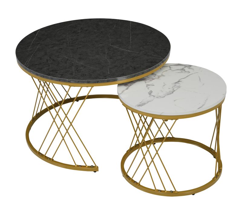 Tables Basses Gigognes Rondes 70x70x45 et 45x45x40 Cm, Placage Effet Marbre Gris, Pieds Métal Doré
