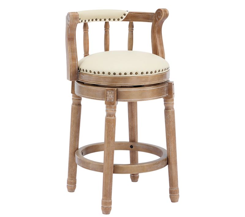 Tabouret De Bar Pivotant Hauteur Assise 66cm, Cuir Véritable Blanc Cadre Bois Ivoire, Style Vintage