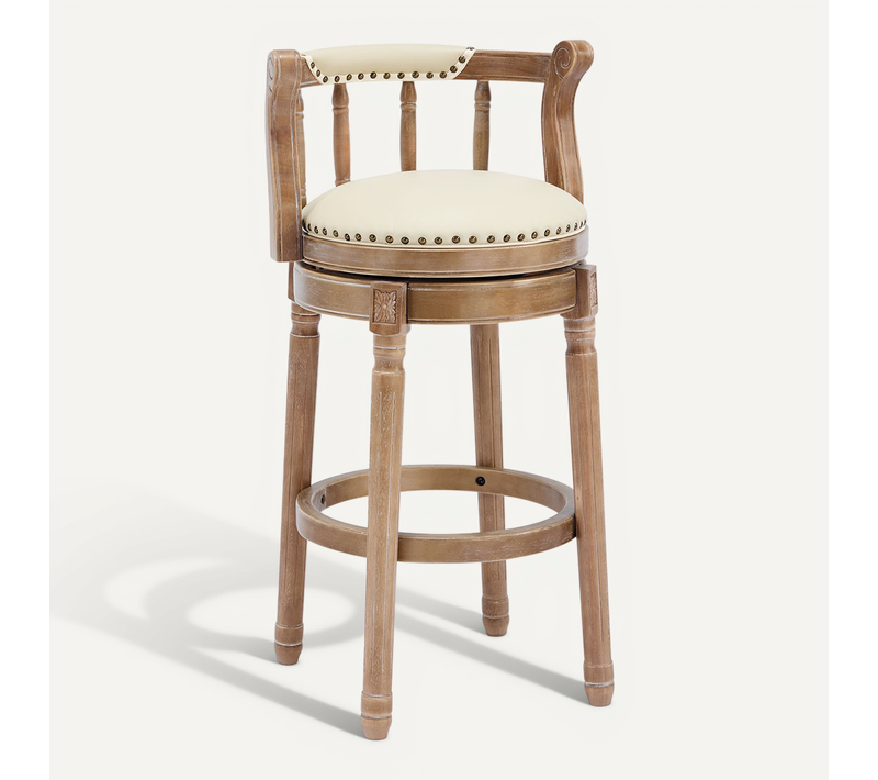 Tabouret De Bar Pivotant H. Assie 75 Cm En Cuir Véritable Et Bois Blanc Ivoire, Style Vintage