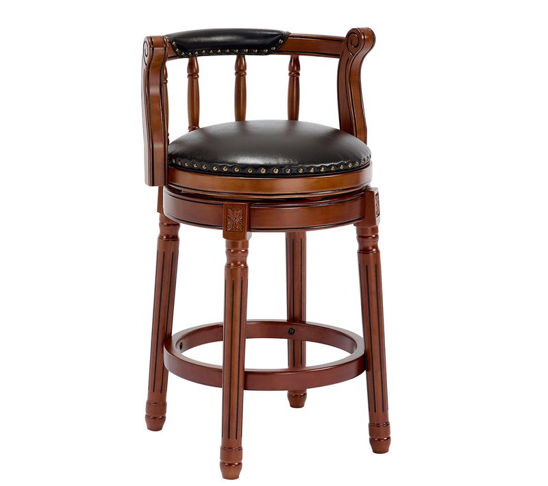 Tabouret De Bar Assise Noire H.66 Cm Pivotante, Dossier Rembourré, Cadre Bois Brun, Style Vintage