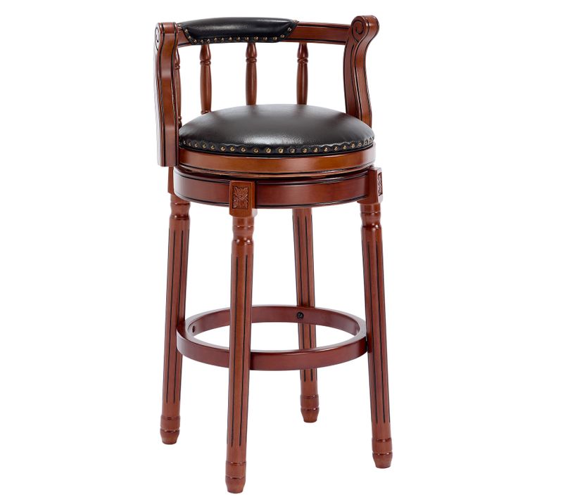 Tabouret De Bar Pivotant 360° - Assise Cuir Noir, Cadre Bois Brun, H. Assise 75cm, Style Vintage