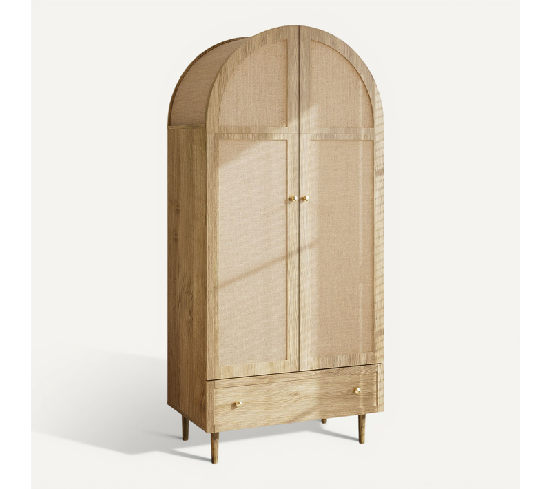 Armoire Effet Bois De Chêne H.175cm, 2 Portes En Tissu, Tiroir Et Étagère, Grande Penderie