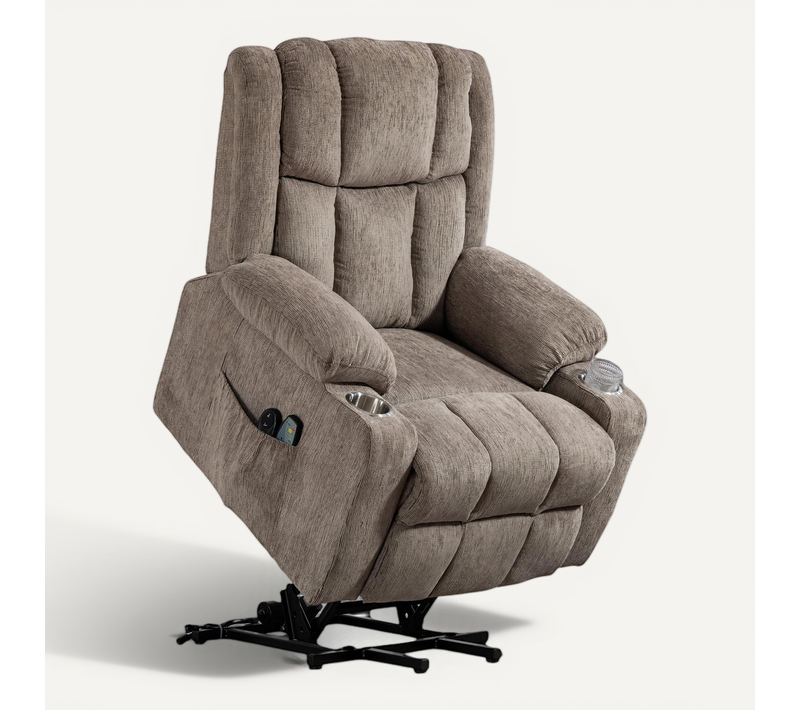 Fauteuil Relax Électrique Massage Chauffant, Tissu Brun Clair, Avec Porte-gobelets