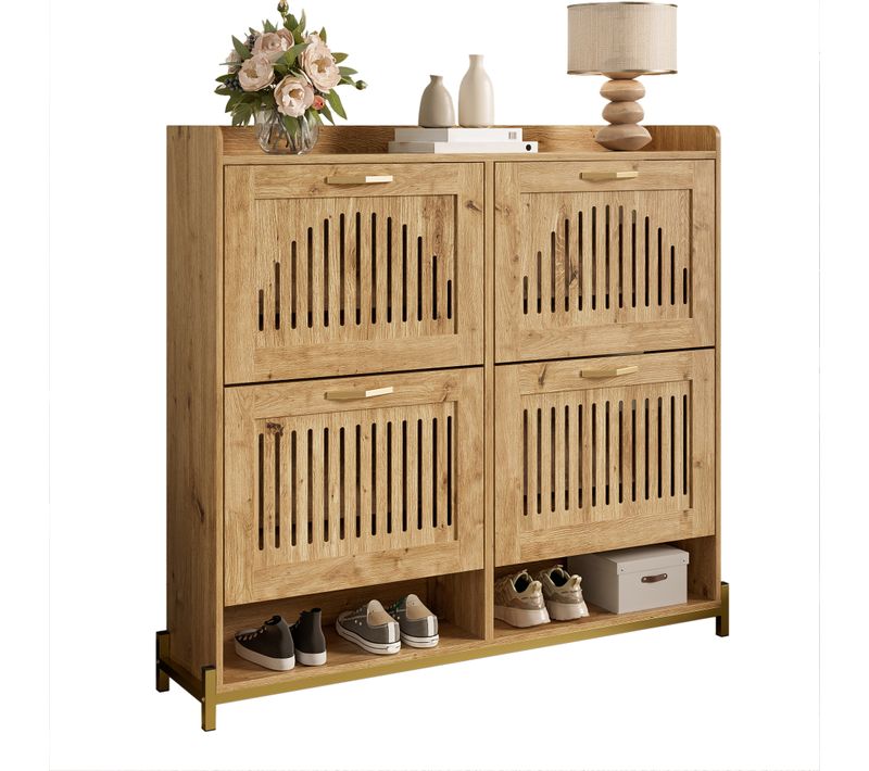 Meuble à Chaussures 108,5x24x100 Cm, 4 Portes à Lames Verticales, Bois Et Métal, Gain De Place