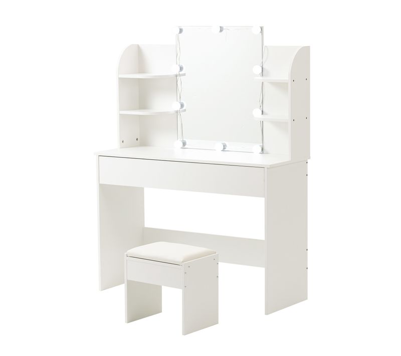 Ensemble Coiffeuse Maquillage Et Tabouret Blanc LED 10 Ampoules – Miroir à 3 Faces, Grand Rangement