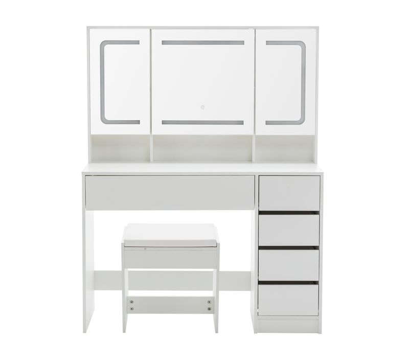 Ensemble Coiffeuse Et Tabouret Avec Grand Miroir LED Hd, 5 Tiroirs Rangement Intégré - Blanc
