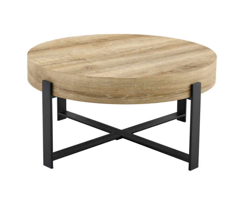 Table Basse Ronde 68 Cm En Métal Noir Avec Décor Bois, Style Industriel