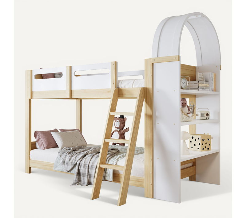 Lit Superposé Enfant 90x200 Cm Avec Étagère 3 Niveaux, Bois Blanc Et Naturel, Sommier à Lattes