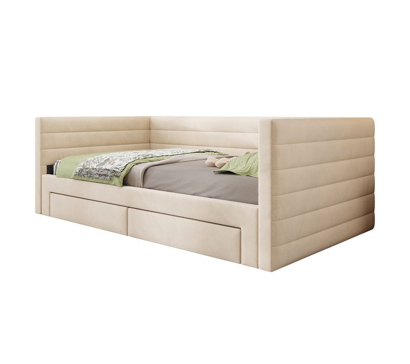 Lit Enfant Gigogne 90/180x190 Cm En Lin Beige Avec 2 Tiroirs, Sommier à Lattes