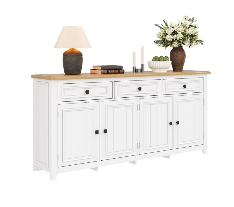 Buffet Blanc 160cm, 3 Tiroirs, 4 Portes, Plateau Aspect Bois, Rangement Salle à Manger, Salon/entrée