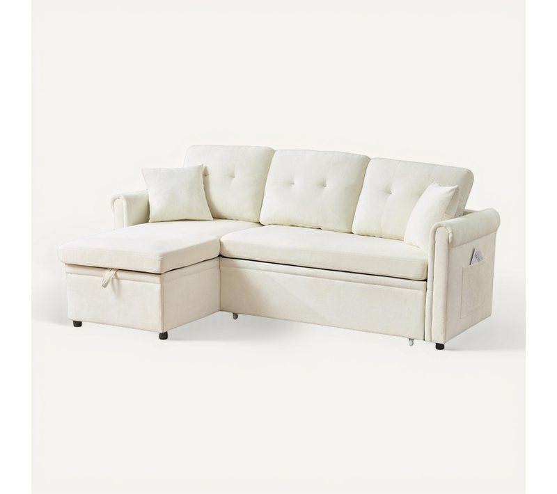 Canapé D'angle Convertible 3 Places En Chenille Beige, Coffre Et Rangements, Méridienne Réversible
