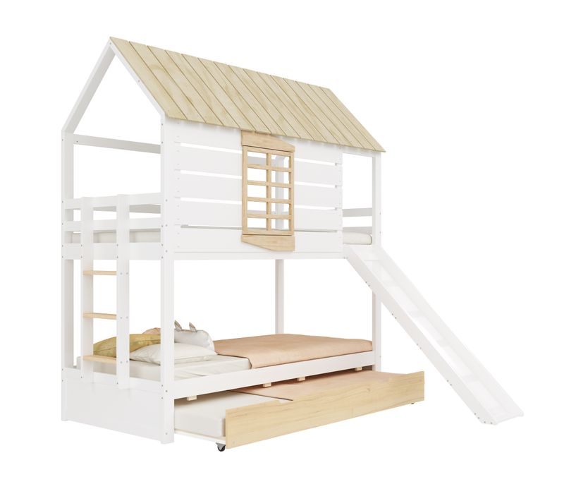 Lit Superposé 90x200 Cm Avec Lit Gigogne 90x190 Cm Pin Blanc, Cabane Enfant Et Toboggan