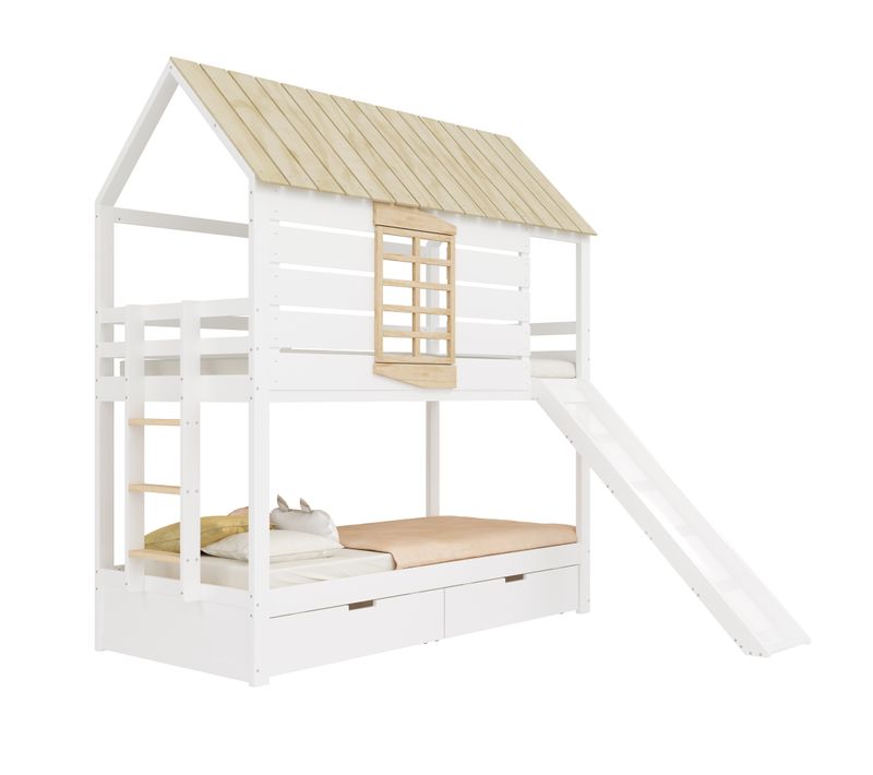 Lit Superposé Enfant 90x200 Cm Bois De Pin Blanc Naturel Avec Toboggan Et 2 Tiroirs