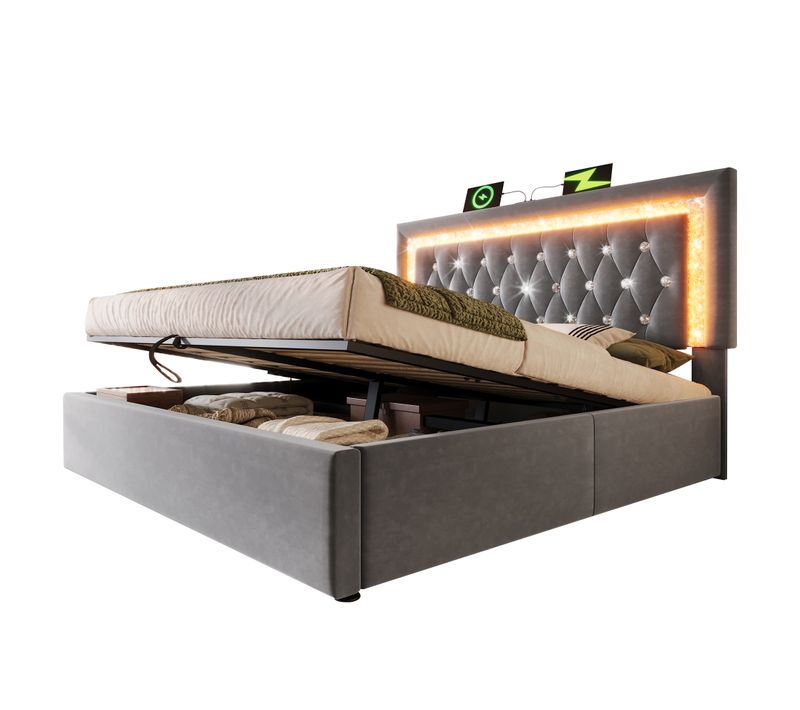 Lit Coffre 140x200 Cm Velours Gris Avec LED, Ports USB/type-c, Rangement Et Sommier à Lattes