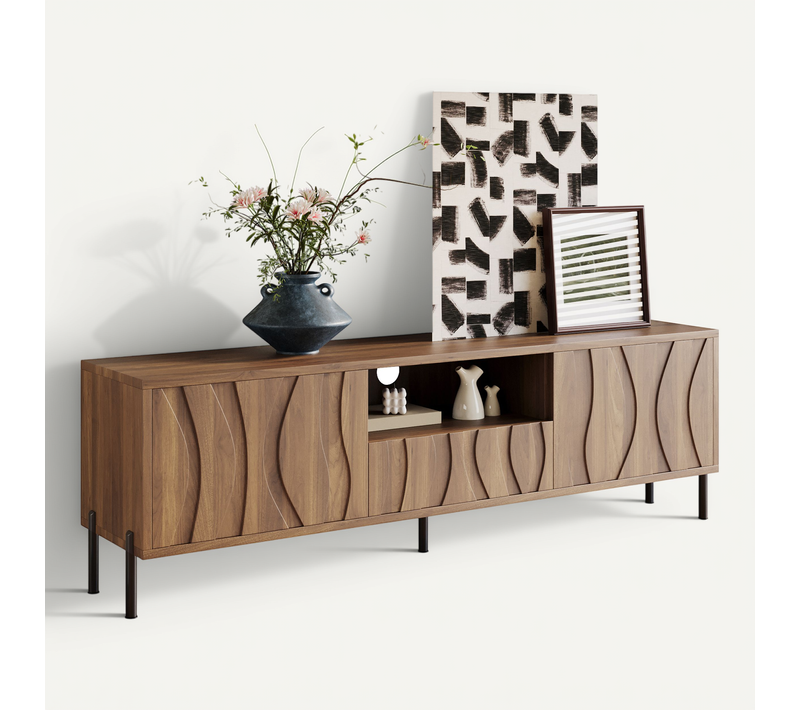 Meuble TV Couleur Naturelle 160 X 35 X 46 Cm Avec 3 Portes Et Niche Centrale, Pieds En Métal