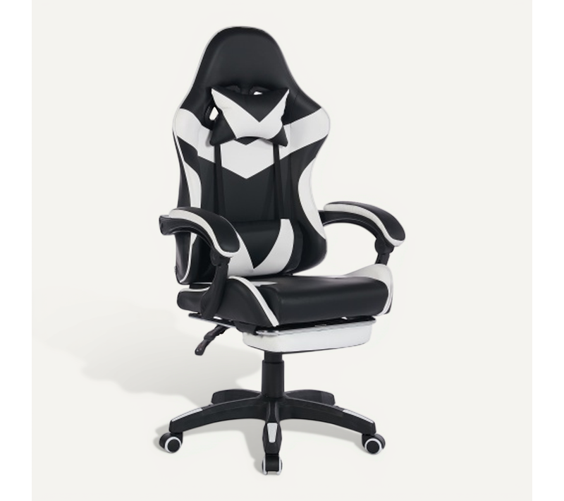 Fauteuil De Bureau Gamer Massant Ergonomique En Simili Blanc Et Noir, Hauteur Réglable