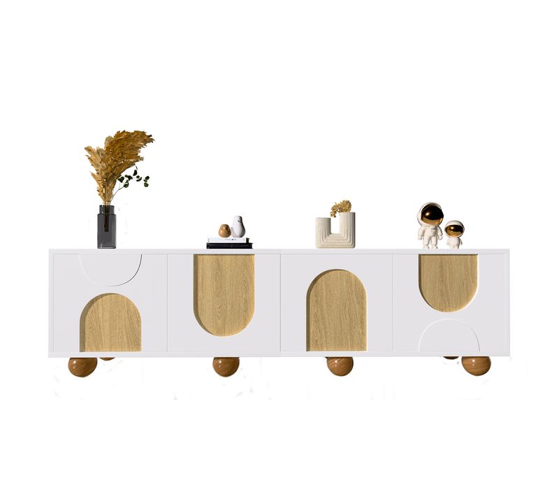 Meuble TV Bois Naturel Et Blanc 175 X 38 X 50 Cm Avec 4 Portes, Design Minimaliste