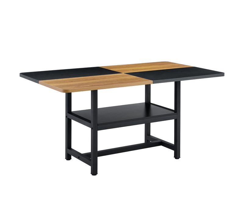 Table à Manger Bois Et Noir 160x90 Cm Pour 4-6 Personnes, Pieds Métal, Avec Étagère Intégrée