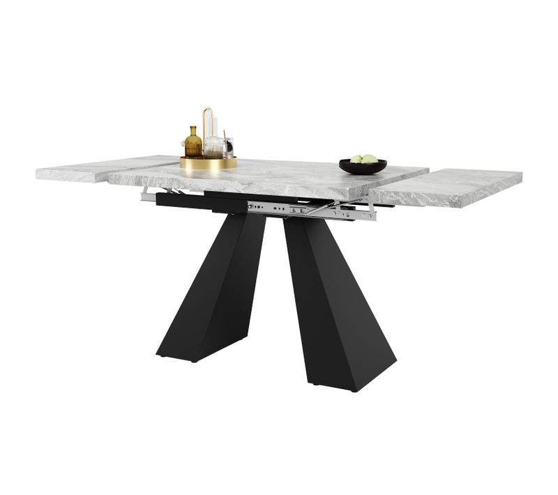 Table à Manger Extensible 99-159×74 Cm, Plateau Effet Marbre Gris, Pieds En Métal
