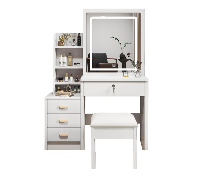 Coiffeuse Avec Tabouret 85x130x36 Cm Avec Miroir LED 3 Modes, 4 Tiroirs, Blanc