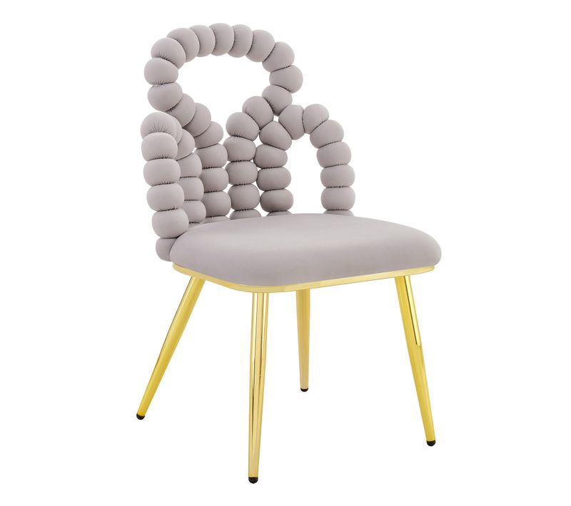 Lot De 2 Chaises Velours Gris Clair, Dossier Ouvert à Chaînette De Boules, Pieds Métal Dorés