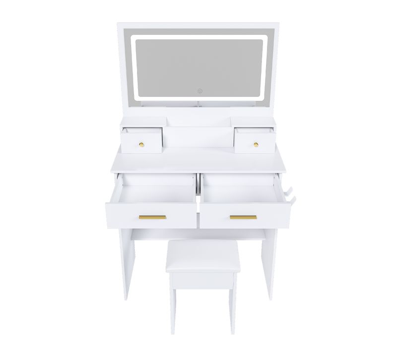Coiffeuse + Tabouret Blanc 80x137x40 Cm Avec Miroir XXL 75x48 Cm, LED 3 Couleurs, 4 Tiroirs, Prise