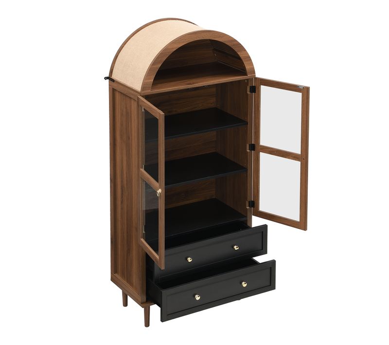 Buffet Haut Bois Noyer 70x38x165 Cm, Étagères Réglables, Porte Vitrée Cannelée, Poignées Dorées