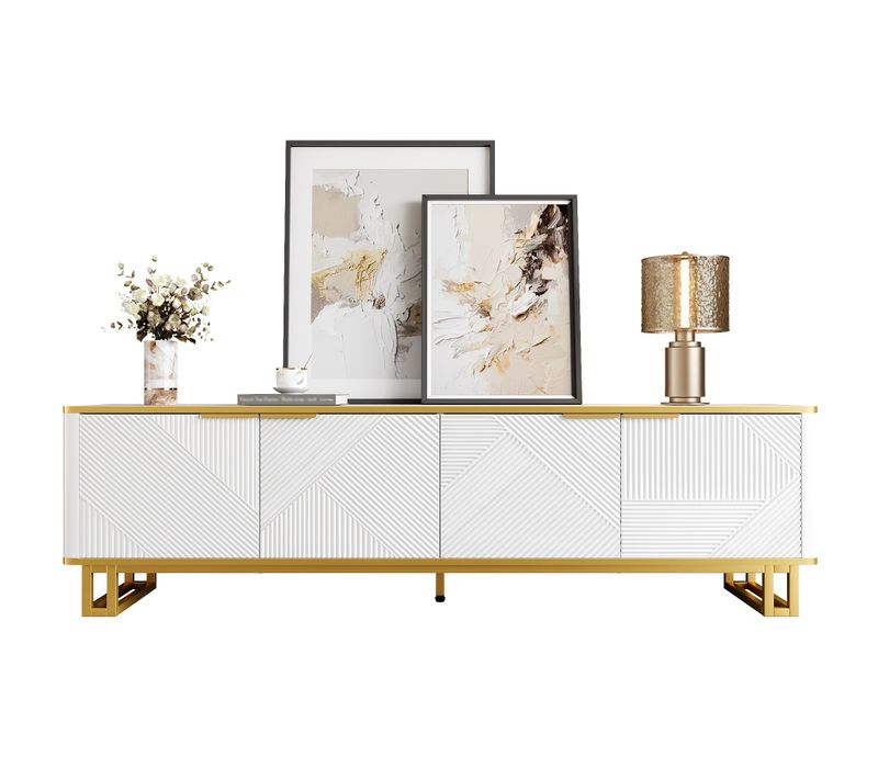 Meuble TV 160 X 37,5 X 48 Cm, Design Géométrique Blanc Et Or, Métal, Avec Rangements