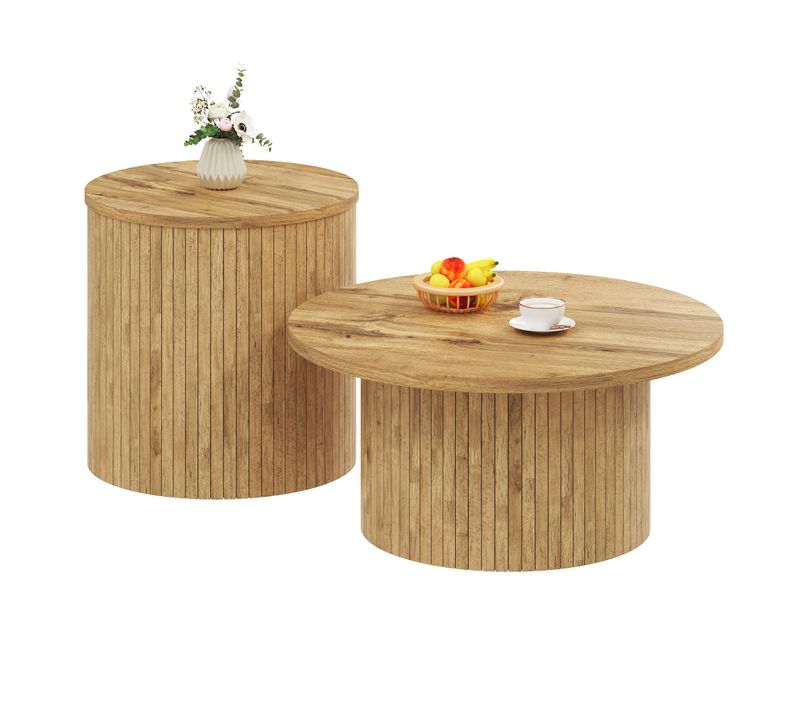 Set De 2 Tables Basses Rondes 75x75x36 + 50x50x50,5 Cm, Bois Naturel, Style Scandinave