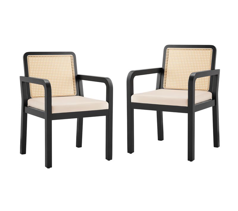 Chaise 2 Pièces En Velours Beige, Dossier Tressé, Pieds En Bois Noir, Ergonomique