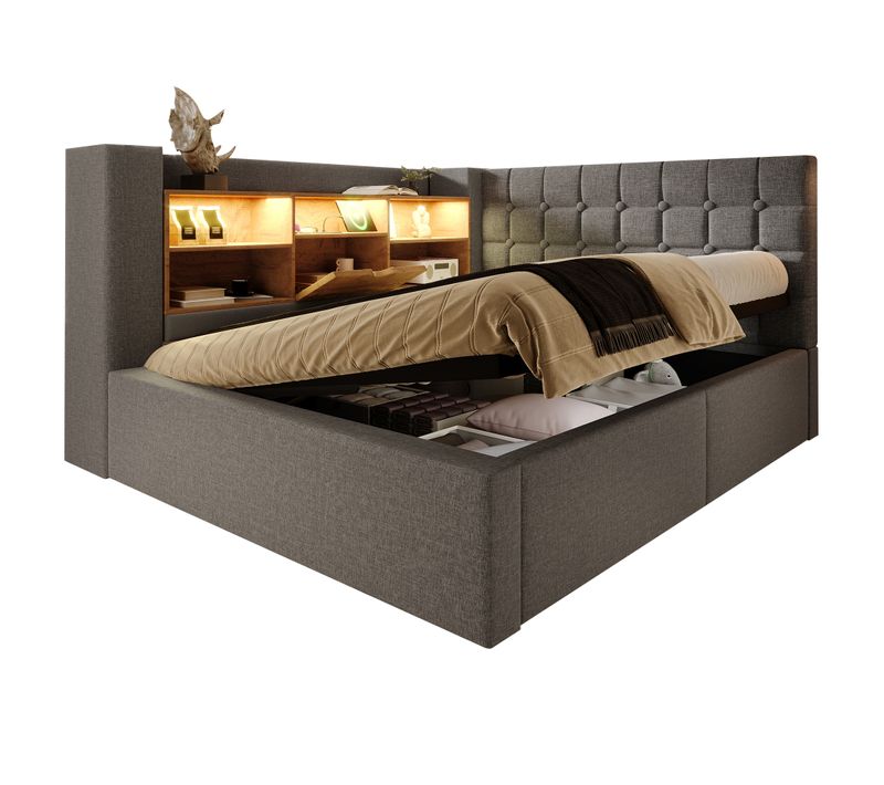 Lit Coffre 140x190 Cm Lin Gris Avec LED, Ports USB/type-c Et Sommier à Lattes