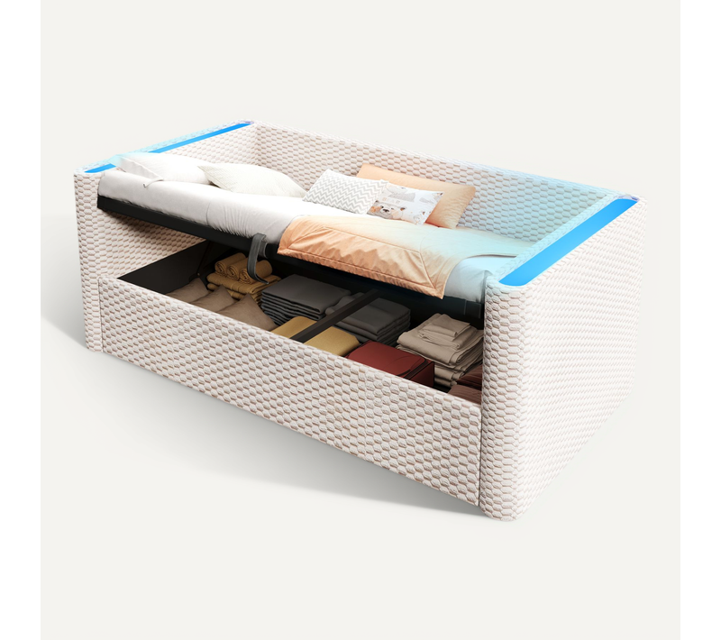 Lit Enfant 90x200 Cm Avec Coffre Rangement, LED Et Sommier à Lattes, Velours Beige