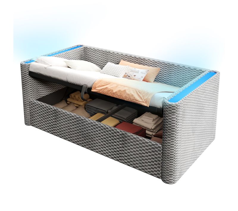 Lit Enfant 90x200 Cm Velours Gris Avec Coffre De Rangement Et Éclairage LED