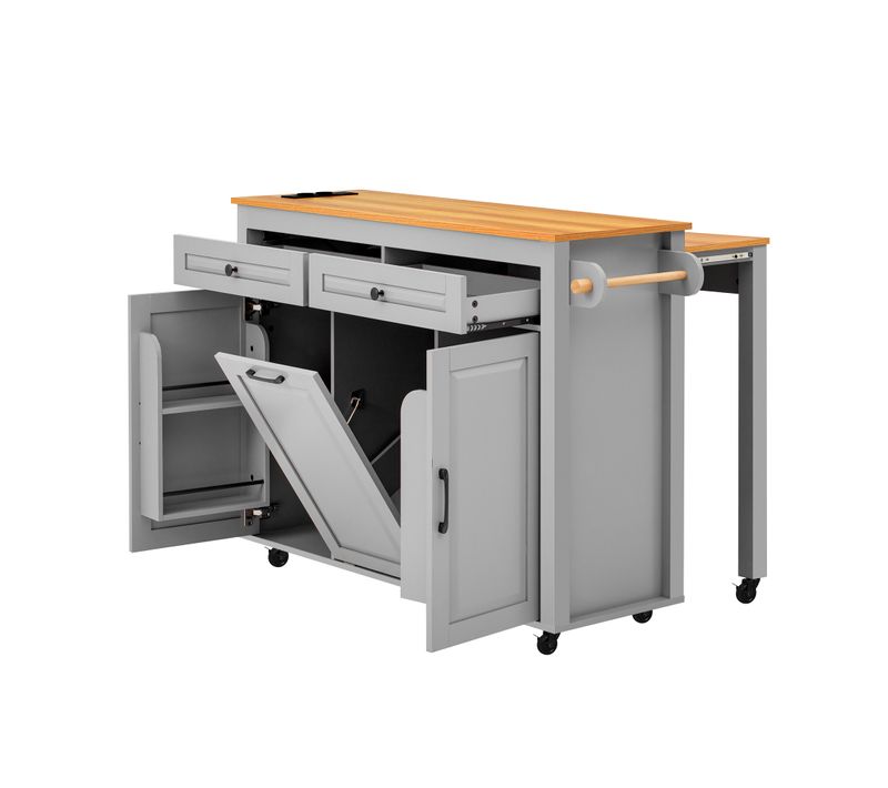 Desserte De Cuisine 120×40–75×92 Cm à Roulettes, Plateau Extensible, Prises USB/type‑c, Poubelle