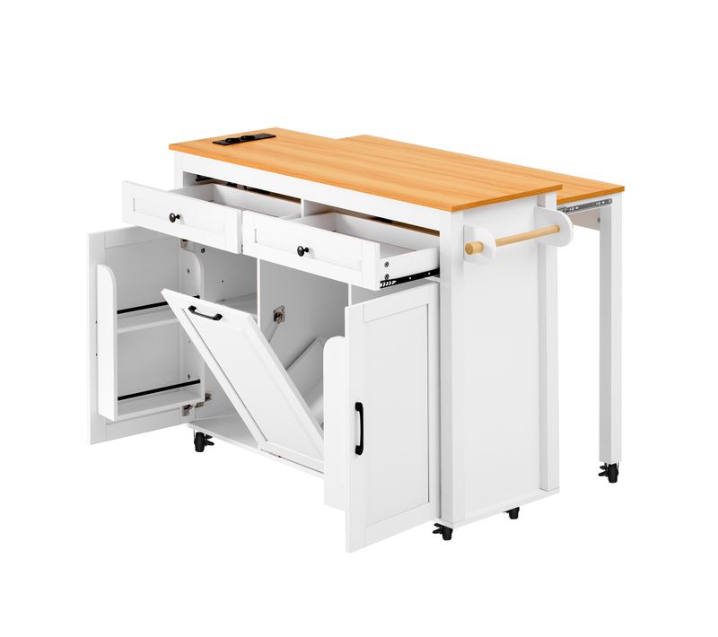 Desserte De Cuisine Blanche à Roulettes, Plan Extensible, Compart. Poubelle, Prises USB/type-c