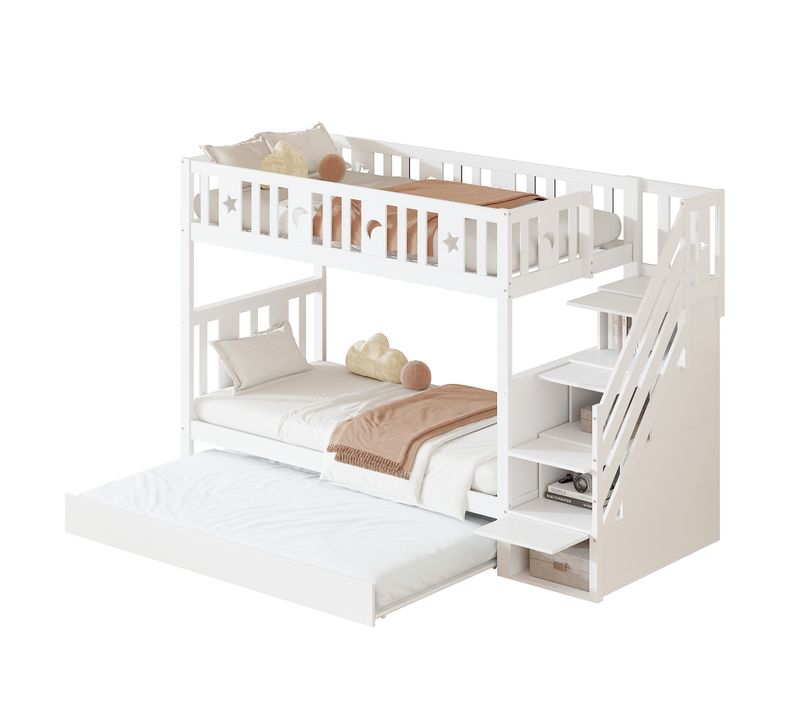 Lit Enfant Superposé 90x200 Cm Avec Lit Gigogne, Sommier à Lattes, Avec Rangements, Bois Blanc