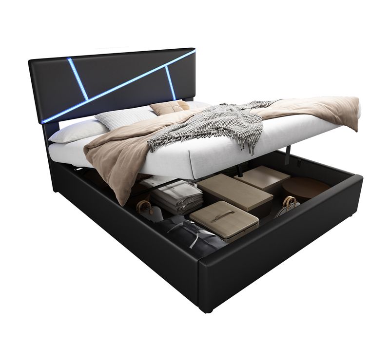 Lit 140x200 Cm Avec LED, Coffre de Rangement Hydraulique, Cuir PU Noir, Sommier Inclus