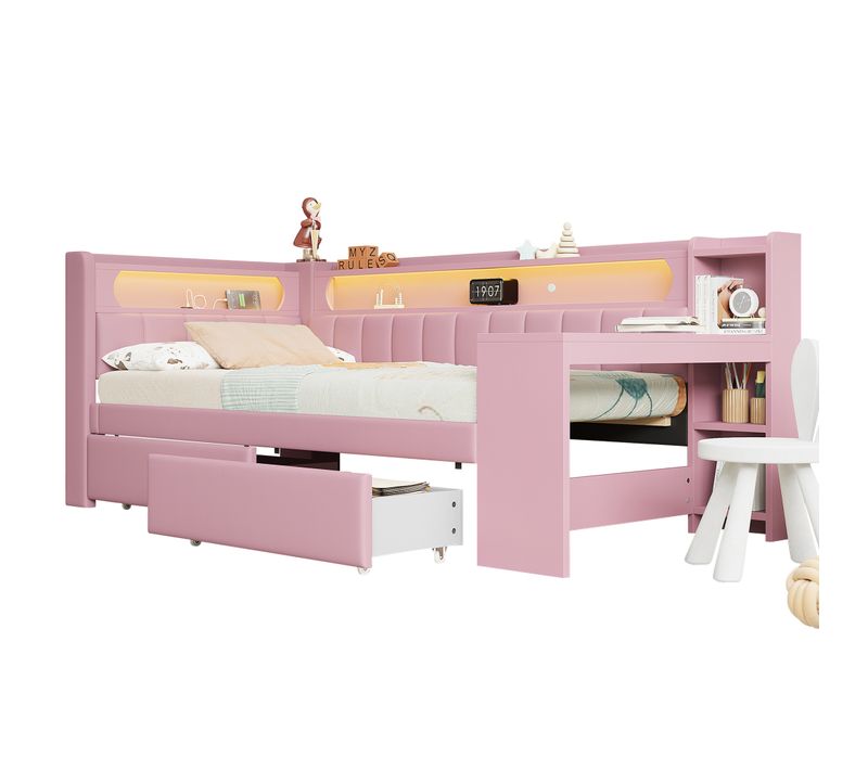Lit Enfant 90x200 Avec Bureau Intégré, 2 Tiroirs, Ports USB Et Éclairage LED, Rose