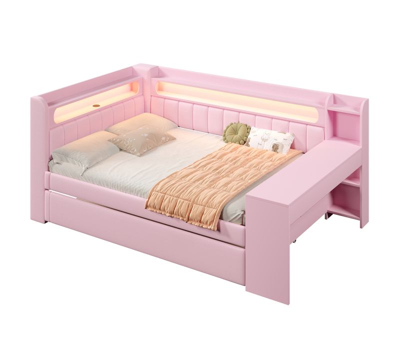 Lit 140x200 Cm 2 Places Avec Lit Enfant Gigogne 90x190, Bureau, LED, Ports De Charge, Lin Rose