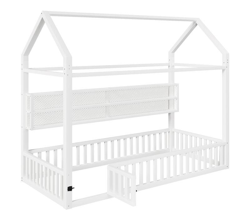 Lit Cabane Enfant 90x200 Cm Métal Blanc Avec Barrière De Sécurité, LED Et Rangement
