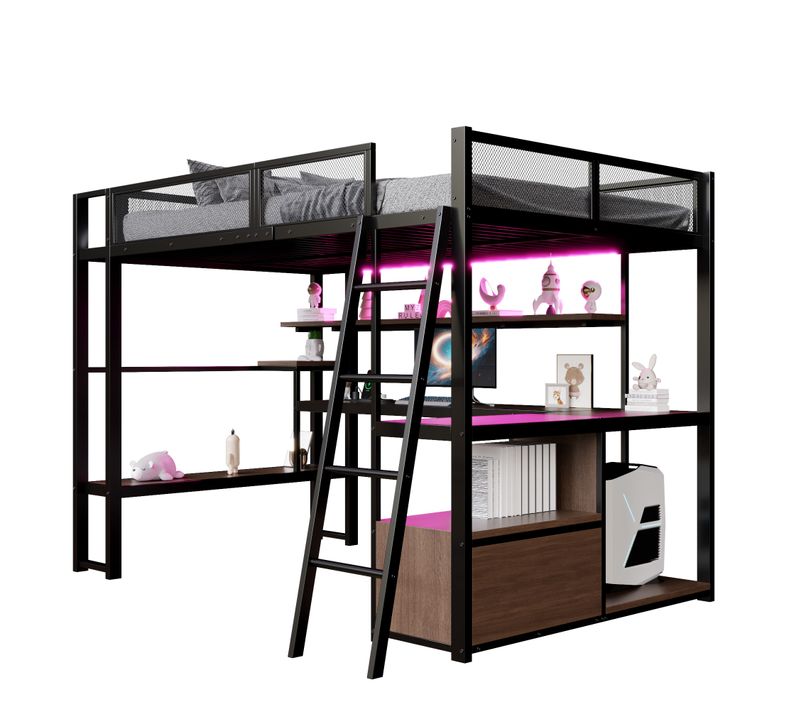 Lit Mezzanine Adulte 140x200 Cm Avec Échelle, Bureau Intégré, LED Et Rangements, Métal Noir