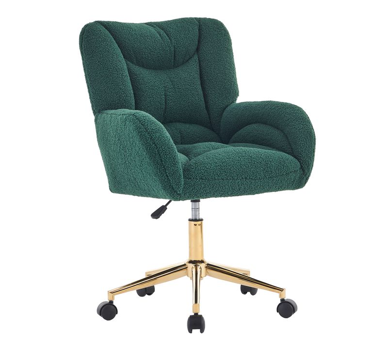 Fauteuil De Bureau Pivotante Hauteur Réglable, Tissu Teddy Vert, Base Métal Doré Et Roulettes