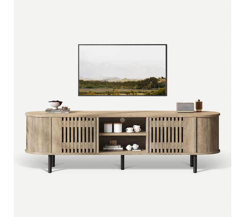 Meuble TV Finition Bois Naturel 160 Cm Avec 2 Portes Avec Niches Centrales Et Pieds Métal