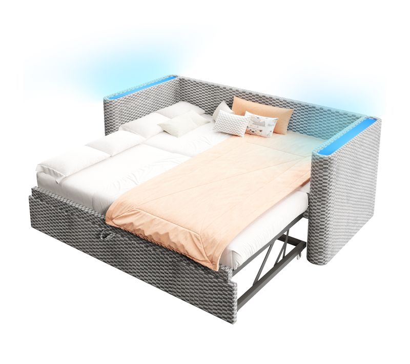 Lit Enfant Extensible 90/180x200 Cm + Lit Gigogne 90x190 Cm Velours Gris Avec Éclairage LED