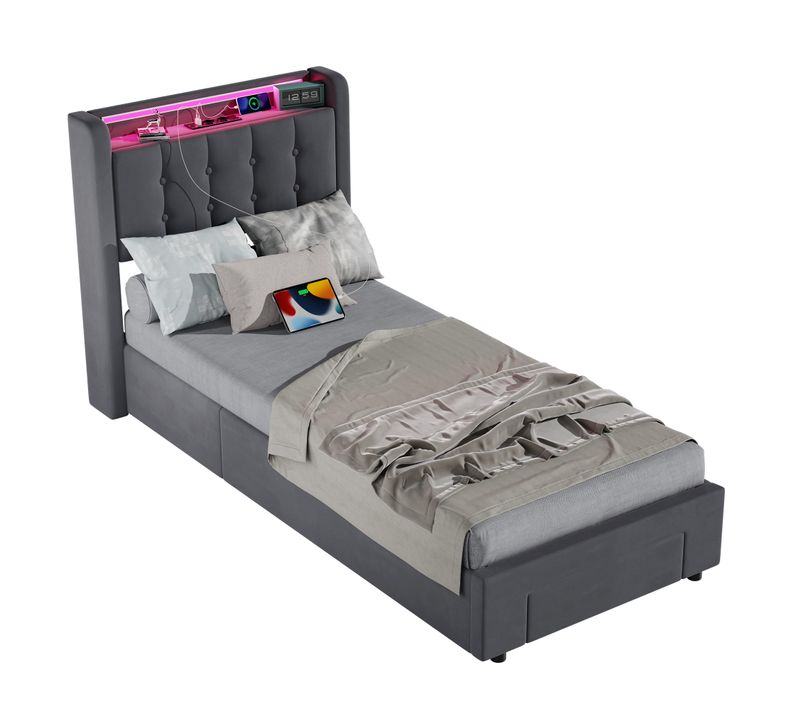 Lit Enfant Coffre 90x190 Cm Velours Gris Avec LED, Prises USB, Tête à Rangement Et Tiroir
