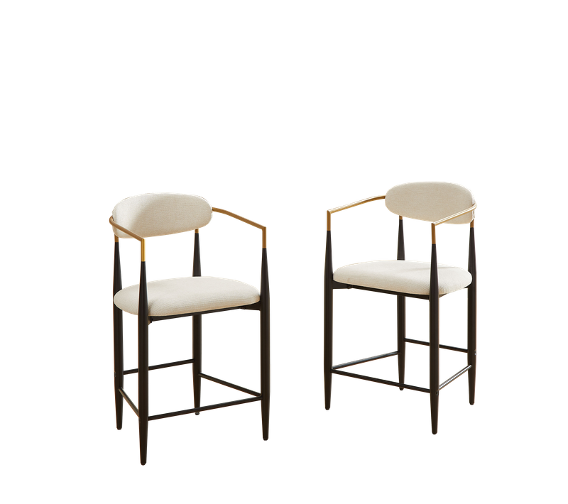 Lot De 2 Tabourets De Bar 94 Cm Avec Accoudoirs, Cadre Métal Noir, Accents Dorés, Tissu Beige
