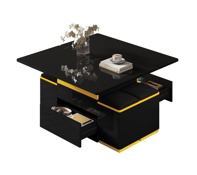 Table Basse Relevable Pliante Noire Et Jaune + 4 Tabourets Rangement, Convertible Table à Manger