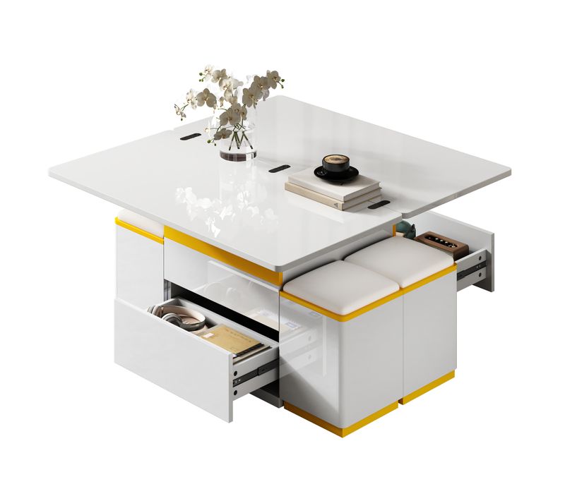 Table Basse Relevable Pliante Blanche Et Jaune + 4 Tabourets Rangement, Convertible Table à Manger