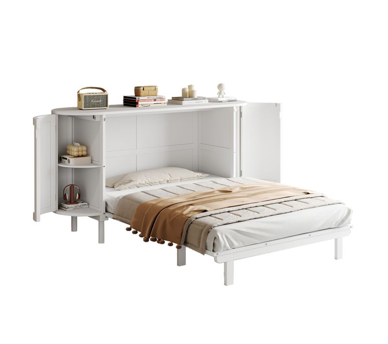 Lit Escamotable Rabattable 140x200 Cm, Bois Blanc Avec 2 Portes Et Rangements, Sommier à Lattes